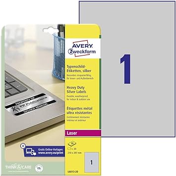 Avery L6013-20 Extra-Strong Adhesive Silver Heavy Duty Labels 1 Label A4 Sheet