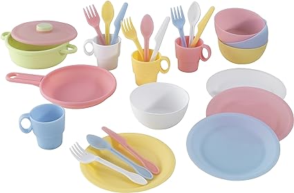 KidKraft 27-Piece Pastel Cookware Set, Plastic Dishes and Utensils for Play
