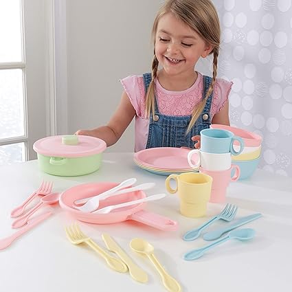 KidKraft 27-Piece Pastel Cookware Set, Plastic Dishes and Utensils for Play