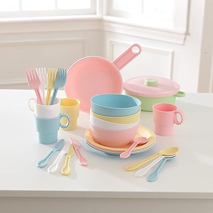 KidKraft 27-Piece Pastel Cookware Set, Plastic Dishes and Utensils for Play