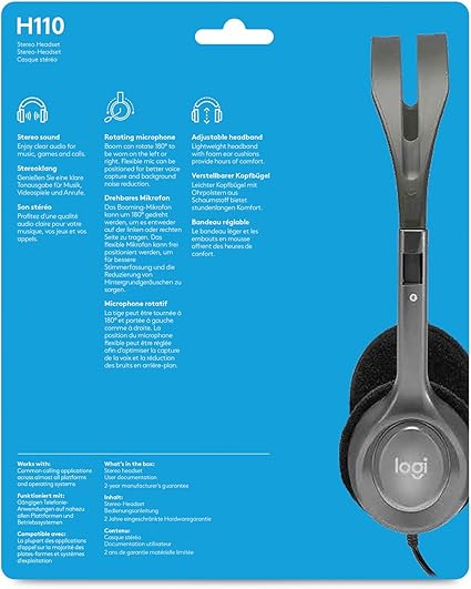 Logitech H110 Wired Headset, Stereo Headphones Black