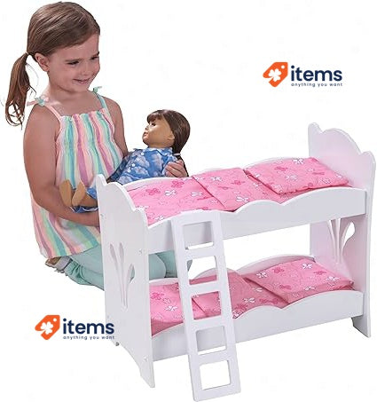 KidKraft Wooden Lil' Doll Bunk Bed with Pink Butterfly Bedding Set White