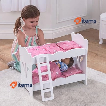 KidKraft Wooden Lil' Doll Bunk Bed with Pink Butterfly Bedding Set White