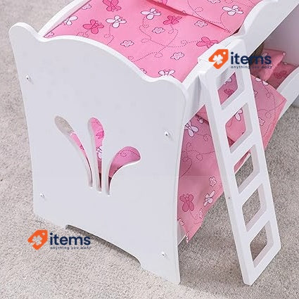 KidKraft Wooden Lil' Doll Bunk Bed with Pink Butterfly Bedding Set White