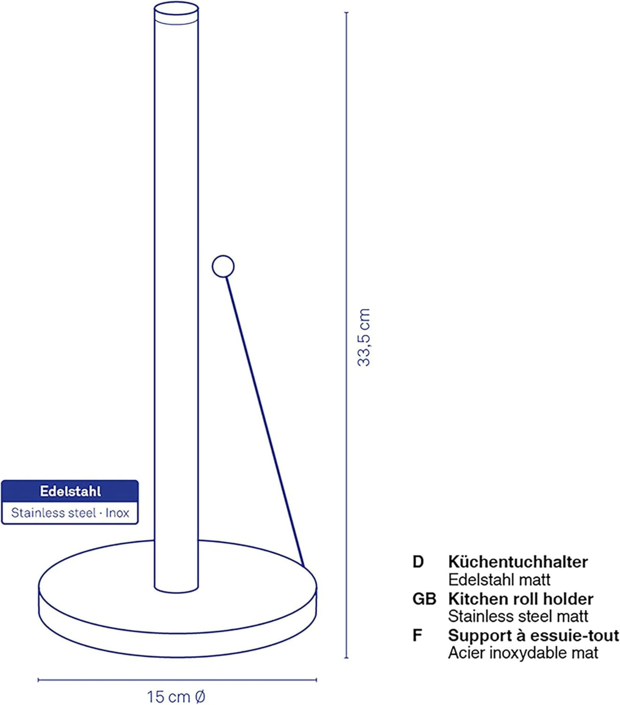 kela Kitchen roll Holder, Stainless_Steel, Matt Silver, 15 x 15 x 33.5 cm