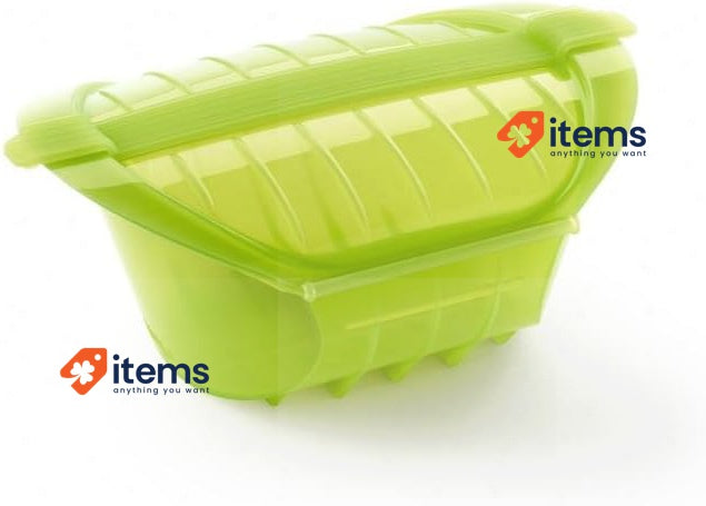 Lékué Deep Steamer Case with Tray for 1.2 People, Platinum Silicone Green 0.5 L