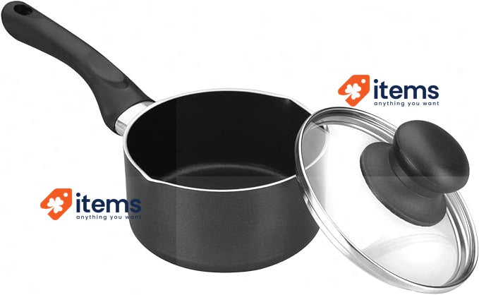Ibili 406412 Cazo con pico 12 cm Aluminio + Tapa de cristal, Black/Transparent