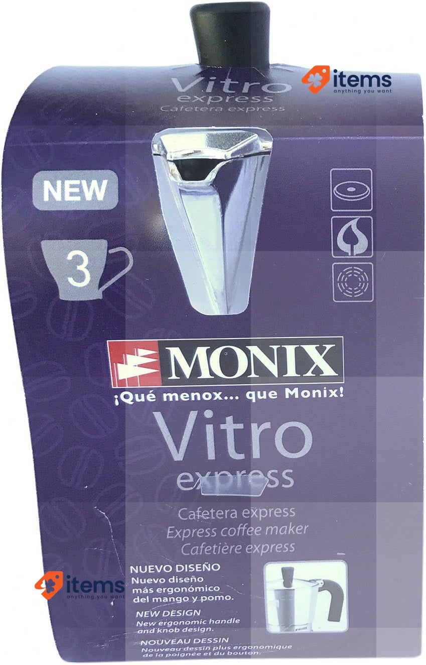 Monix Vitro Express 3-Cup Aluminium Coffee Maker Easy Cleaning Silver Non-Stick