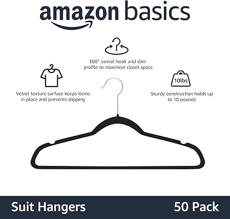 Amazon Basics Slim Velvet Non-Slip Suit Hangers - Pack of 50, Black