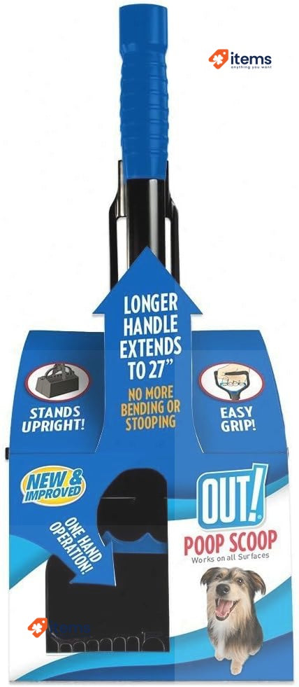 OUT! One‑handed Poop Scoop - Easy‑squeeze Spring Action, Extends To 27 In, All