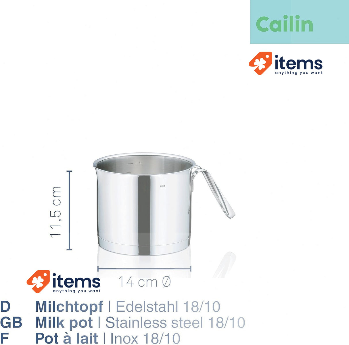 Kela Milk pan Cailin 14cm of Stainless Steel, Silver Shiny, 14 x 14 x 12 cm