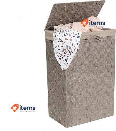 Compactor Rectangle Laundry Basket with Lid Taupe Woven Washing Hamper Storing