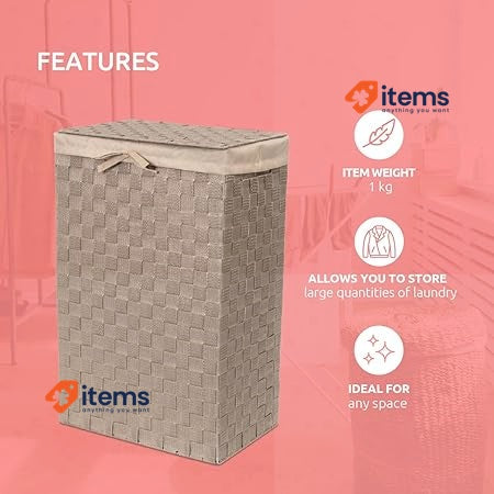 Compactor Rectangle Laundry Basket with Lid Taupe Woven Washing Hamper Storing