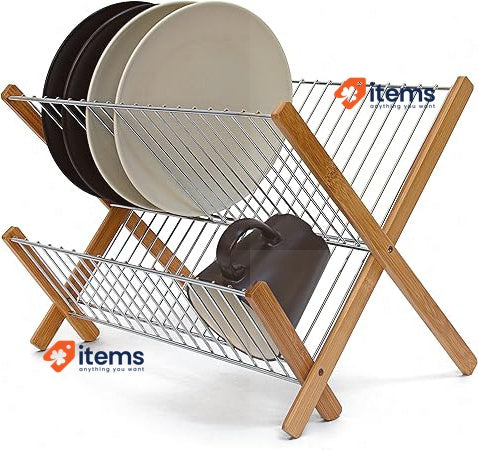 Relaxdays CROSS Bamboo And Chromed Steel Draining Rack 27 x 38 x 29 cm Brown