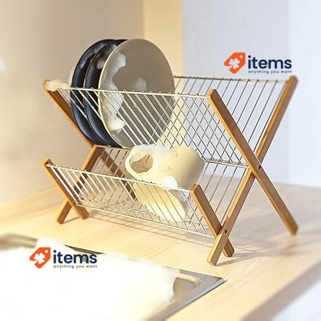 Relaxdays CROSS Bamboo And Chromed Steel Draining Rack 27 x 38 x 29 cm Brown