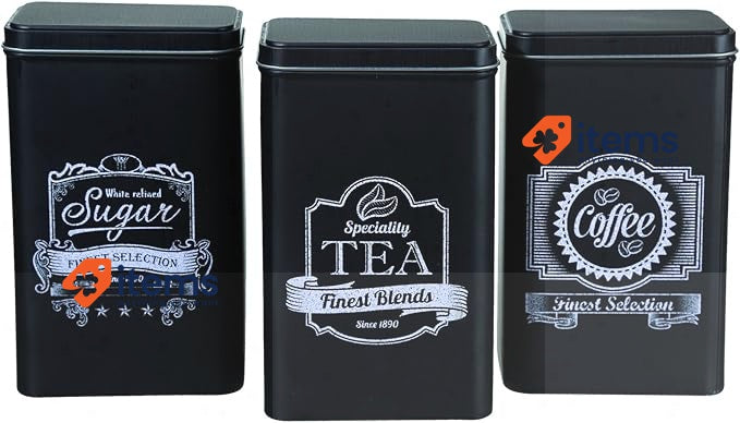 Out Of The Blue Set 3 Black Rectangular Tin Finest Selection Coffee Teasugar