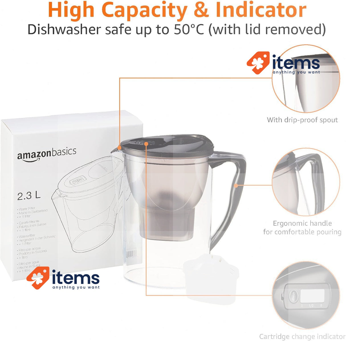 Amazon Basics 2.3L Filter 1x30 Black 4 Pints Water Days Cartridge Free