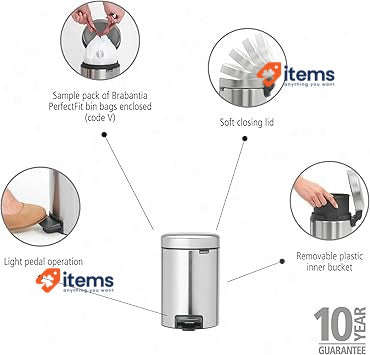 Brabantia 112164 Pedal Bin Newicon With Plastic Inner Bucket, 3 L - Matt Steel