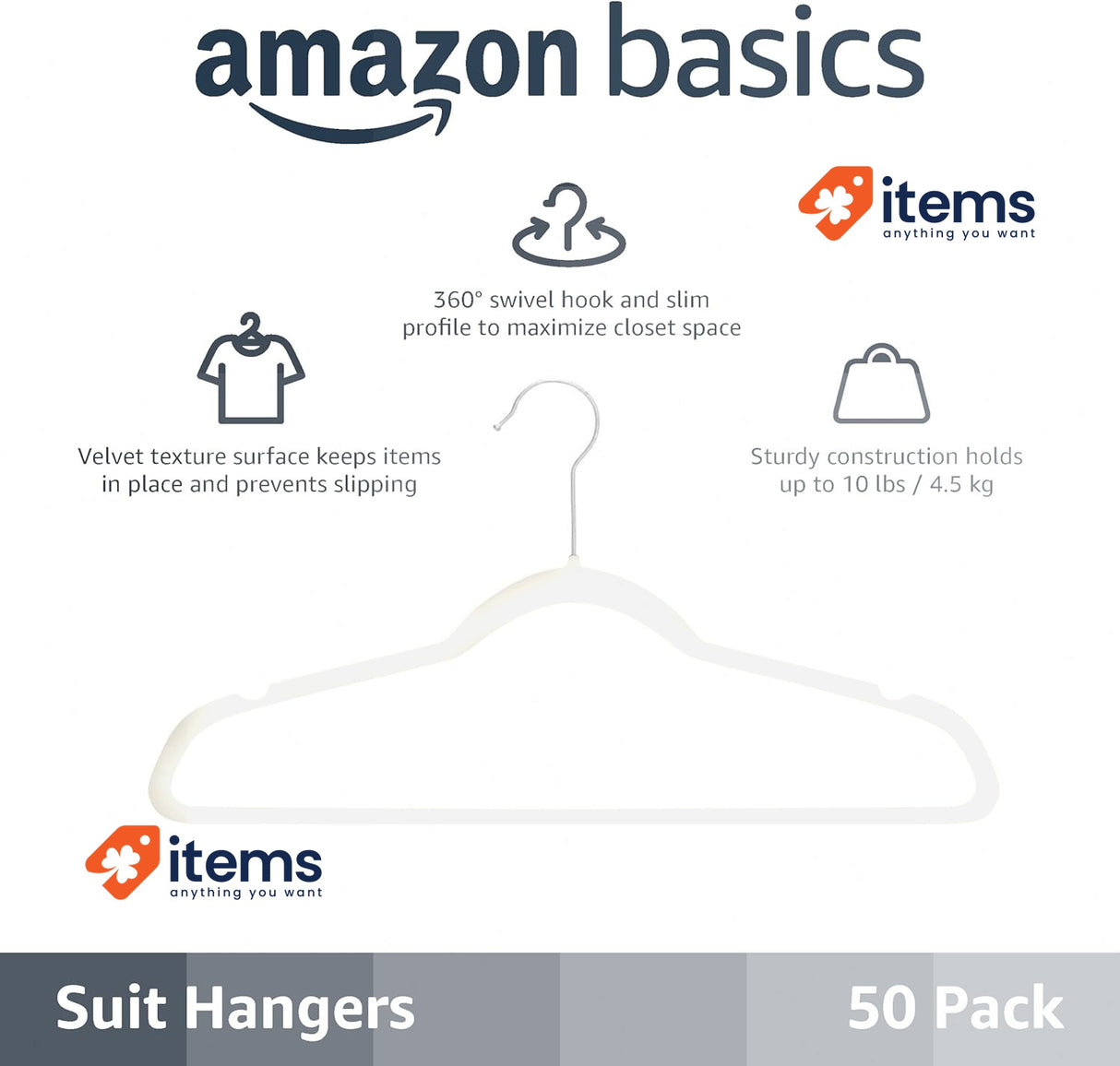 Amazon Basics Slim Velvet Non-Slip Suit Hangers, 50 Pack, Ivory Color 50-Pack