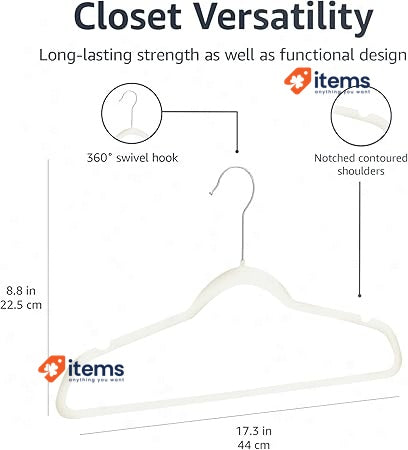 Amazon Basics Slim Velvet Non-Slip Suit Hangers - 50-Pack, Ivory/Silver