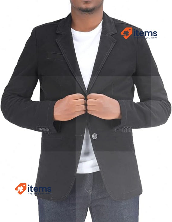 Allthemen Mens Slim Fit Jacket Black Single Breasted Blazer Button Cotton Casual