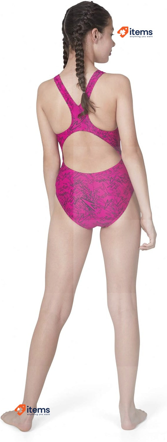 Speedo Girl's Boom Allover Swim Suit Pink Black Girls Splashback Swimsuit Size