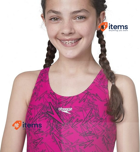 Speedo Girl's Boom Allover Swim Suit Pink Black Girls Splashback Swimsuit Size