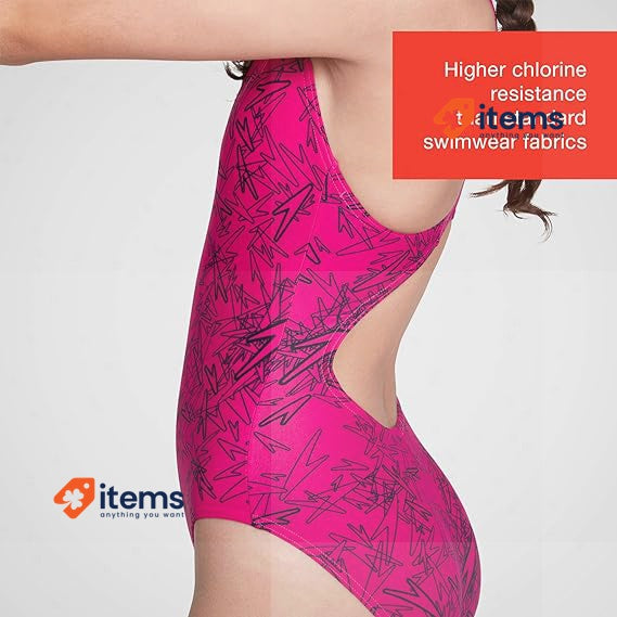 Speedo Girl's Boom Allover Swim Suit Pink Black Girls Splashback Swimsuit Size