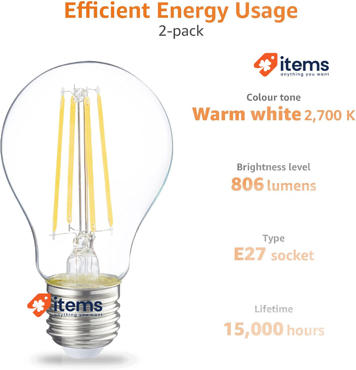 Amazon Basics LED E27 Edison Screw Bulb Clear Filament Warm White Non Dimmable
