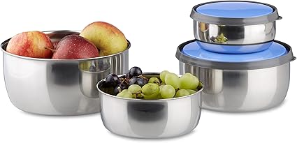 Relaxdays Bowl Set with Lids, 4-Pieces Stainless Steel Storage Containers Blue
