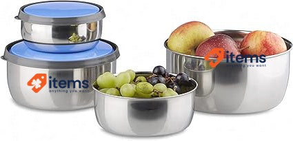 Relaxdays Bowl Set With Lids, 4 - Pieces Stainless Steel Storage Containers Blue