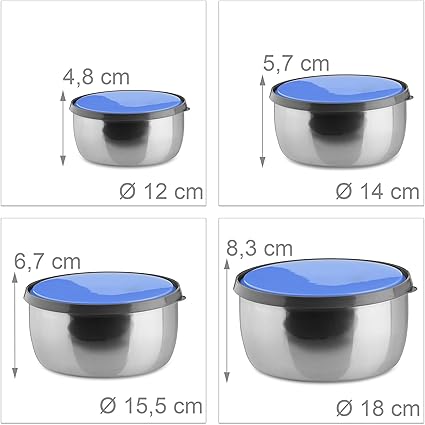 Relaxdays Bowl Set with Lids, 4-Pieces Stainless Steel Storage Containers Blue