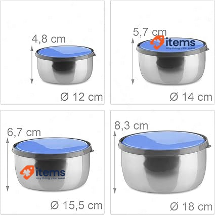 Relaxdays Bowl Set With Lids, 4 - Pieces Stainless Steel Storage Containers Blue