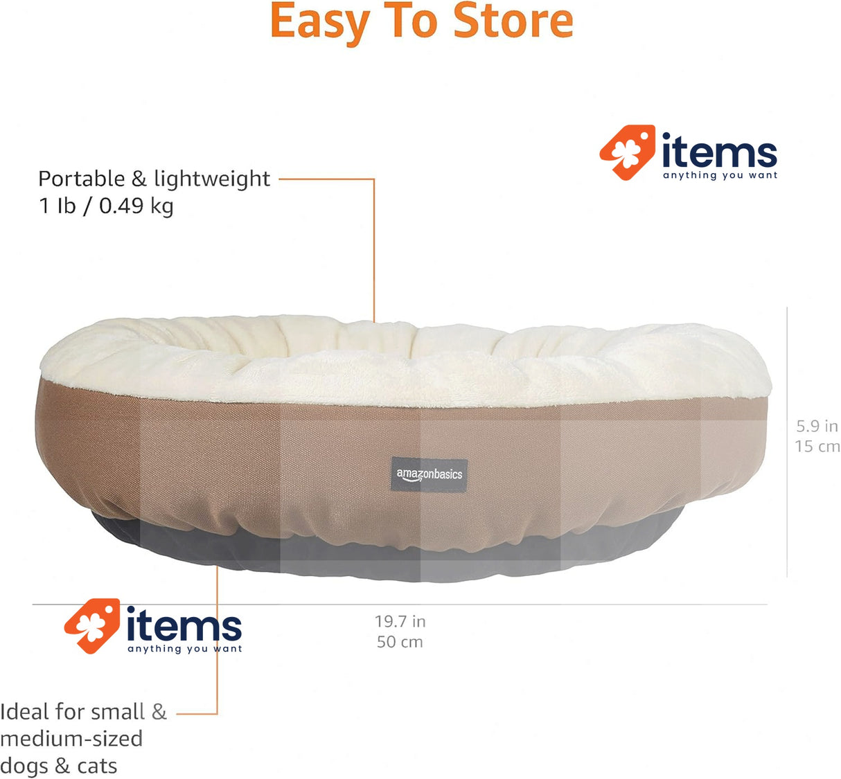 Amazon Basics Round Pet Bed for Dog or Cat 50 x 50.8x 15.2 Brown and Ivory