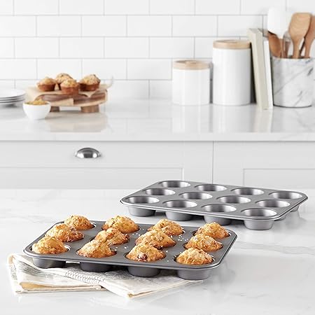 Amazon Basics Nonstick Round Carbon Steel Muffin Pan, 2-Pack, Grey