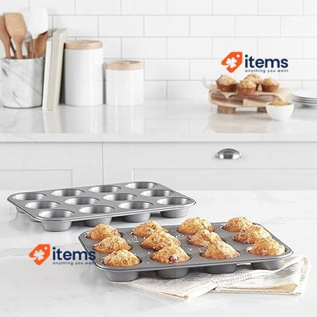 Amazon Basics Nonstick Round Carbon Steel Muffin Pan 2 - Pack Grey 9x10