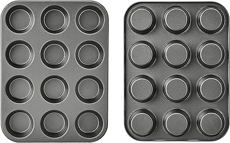 Amazon Basics Nonstick Round Carbon Steel Muffin Pan, 2-Pack, Grey