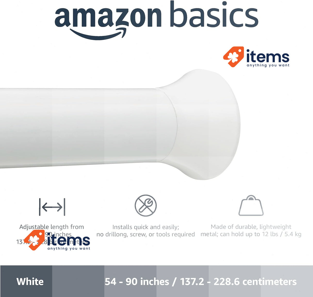 Amazon Basics Shower Curtain Tension Rod Extendable - 137 To 229 Cm White, 229CM