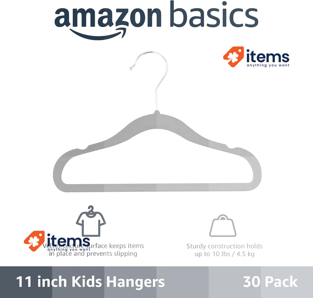 Amazon Basics Children's Clothing Hangers 11.6 Inches, Pack Of 30, Grey 29.46 cm