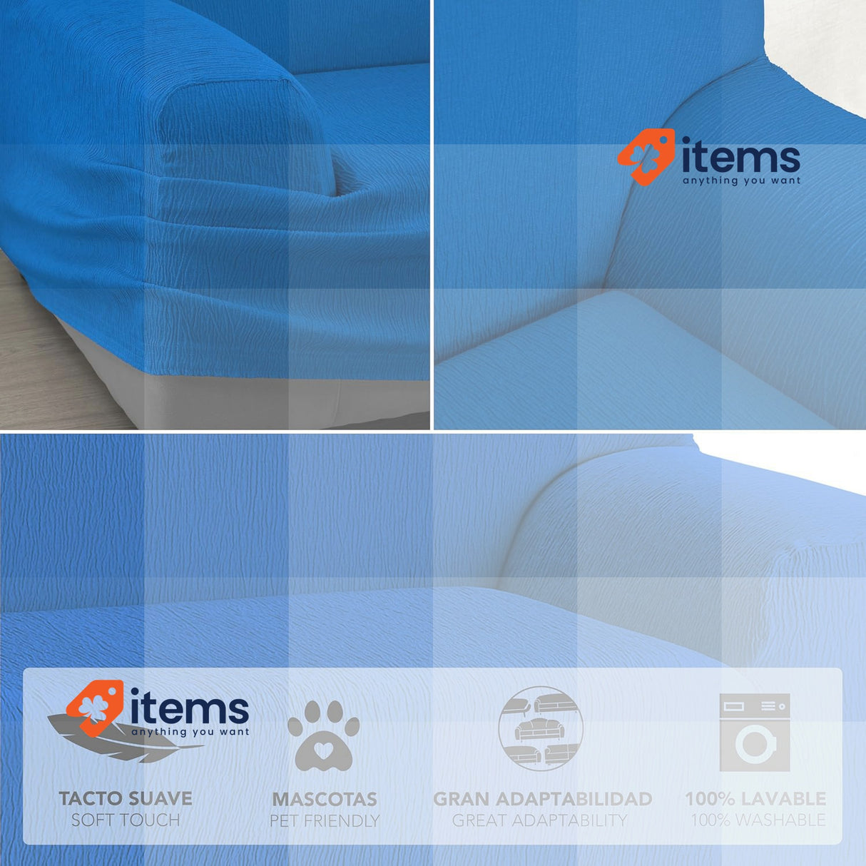 Martina Home 3 Seater Sofa Cover, Fabric, Electric Blue, 3 Plazas 170 x 220 cm