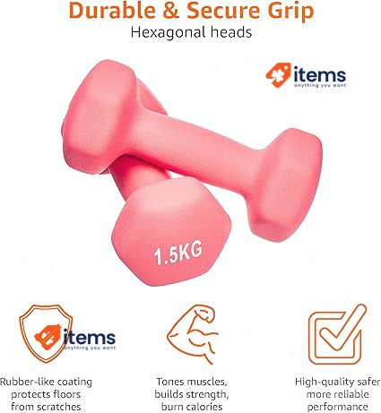 Amazon Basics Neoprene Dumbbell Pair, 1kgs ( 2 Pack of 0.5 kg), Pink 1.5 kg 3kgs