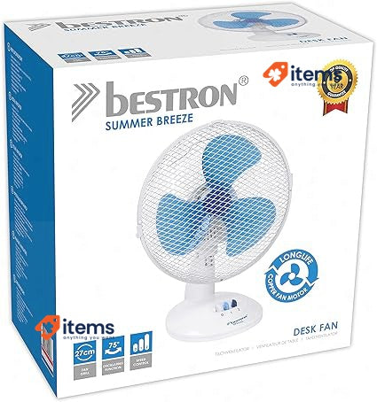 Bestron Mobile Table Fan Ø 27cm, Small 2 Speed Levels & 75° White Cm Oscillation