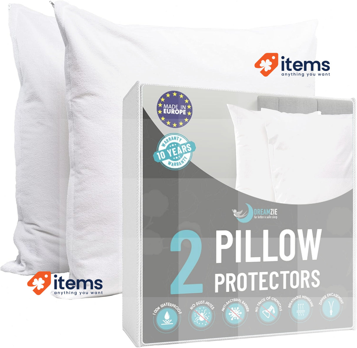 Dreamzie - Pack of 2 Pillow Protector Waterproof with Zipper 50 x 80 cm White