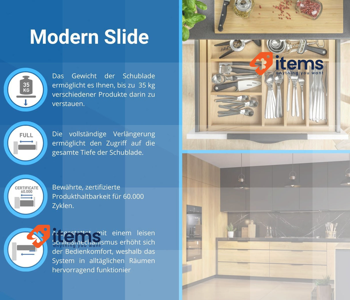 GTV - Underfloor Guides 1 Pair Drawer Slides With Soft Close System Self Closing