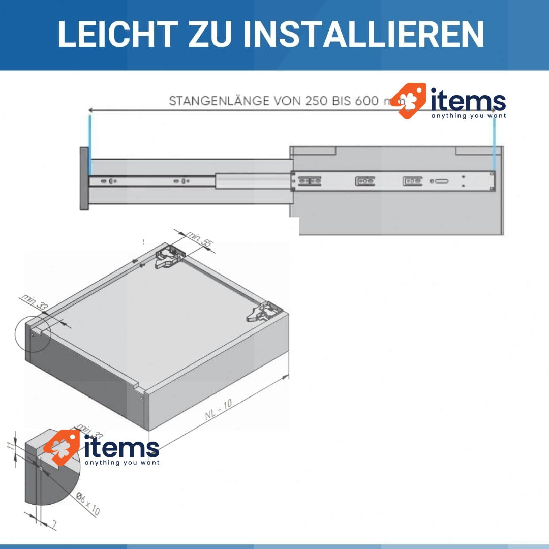 GTV - Underfloor Guides 1 Pair Drawer Slides With Soft Close System Self Closing