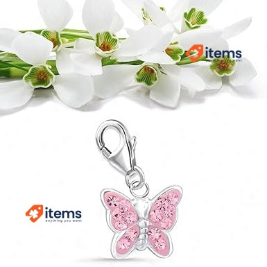 For Dich Pink Crystal Butterfly Charm Pendant 925 Real Silver Cubic Zirconia
