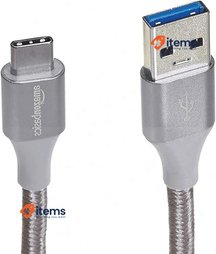 Amazon Basics Double Braided Nylon USB - C To A 3.1 Gen 1 Cable 1.8 M, Silver