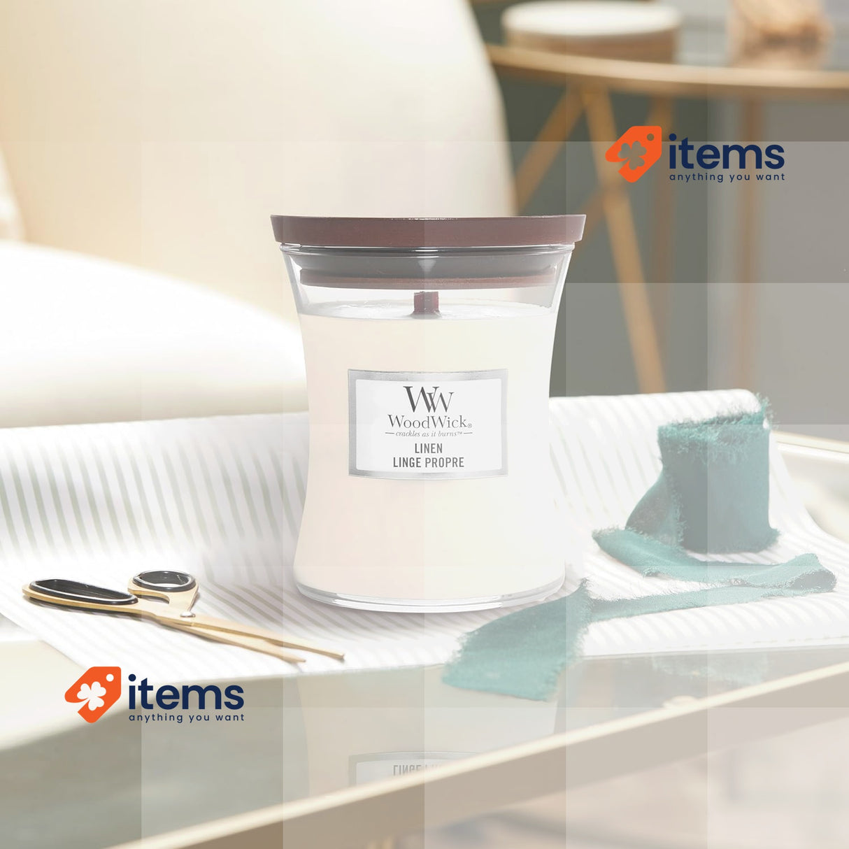 Woodwick Medium Hourglass Scented Candle Linen With Crackling Wick Up To 60 Hr