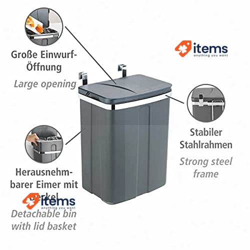 Wenko Garbage Bin Kitchen Trash Can Hanging Gray 12l - 12 L, L Waste