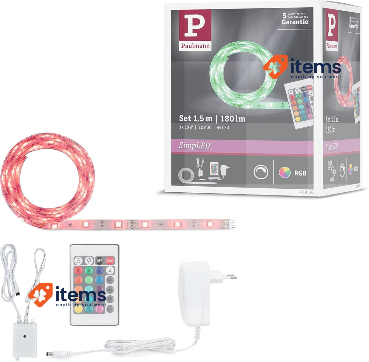 Paulmann 70960 LED Stripe SimpLED 1.5m RGB 230/12V DC, Plastic Light Strip, 12 V